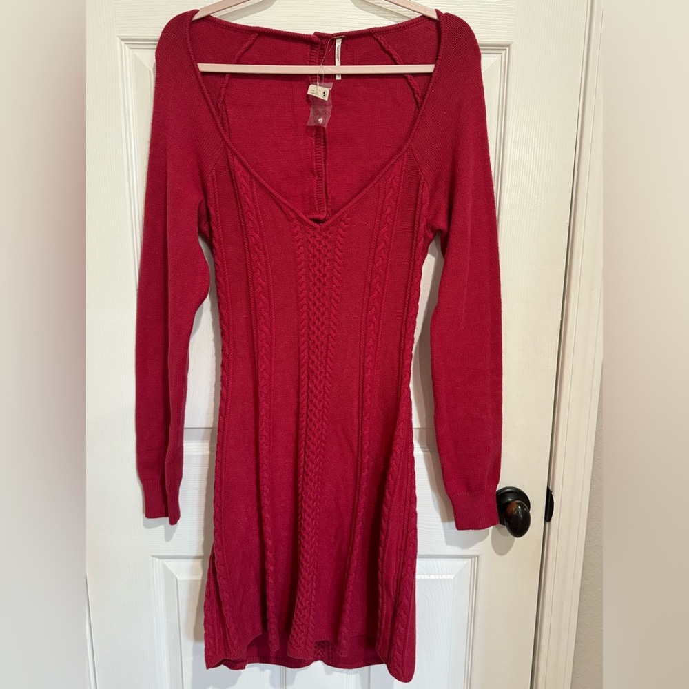 FREE PEOPLE Sweater Mini Dress Size XL Red Pink Knitted Long sleeves Stretch - Picture 5 of 10